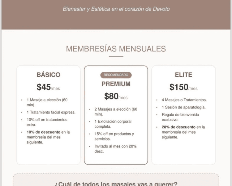 BASICO: 1 Masaje + 1 Tratamiento Facial + 10% OFF en Tratamiento extra+ 10% OFF prox.membresia