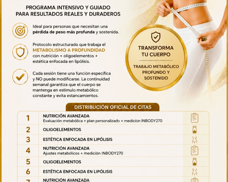 PROGRAMA INTENSIVO nutrición + estética 15 kilos menos en 100 días INDIVIDUAL Método MetaPro®