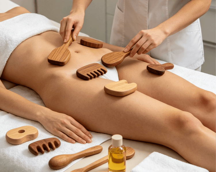 Maderoterapia Full Body (Cuerpo Completo) Objetivo: Tratamiento integral que combina abdomen, flancos, piernas, glúteos y brazos en una misma sesión para un modelado completo y un drenaje linfático general.